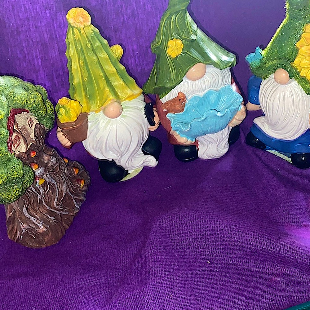 Gnomes & Happy Faced Treehouse | 
NWT | Spring theme: Cactus, flower & bird bath